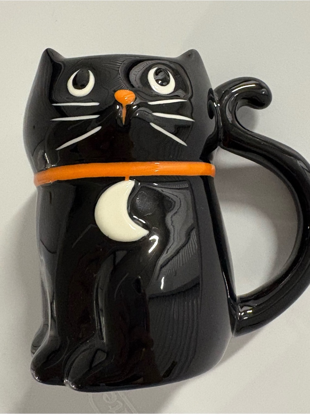Black Cat Ceramic Mug with Orange Collar and White Moon Accent Halloween decor